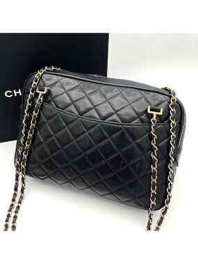 Chanel Chain Shoulder Bag Lambskin CC Logo Quilted Black